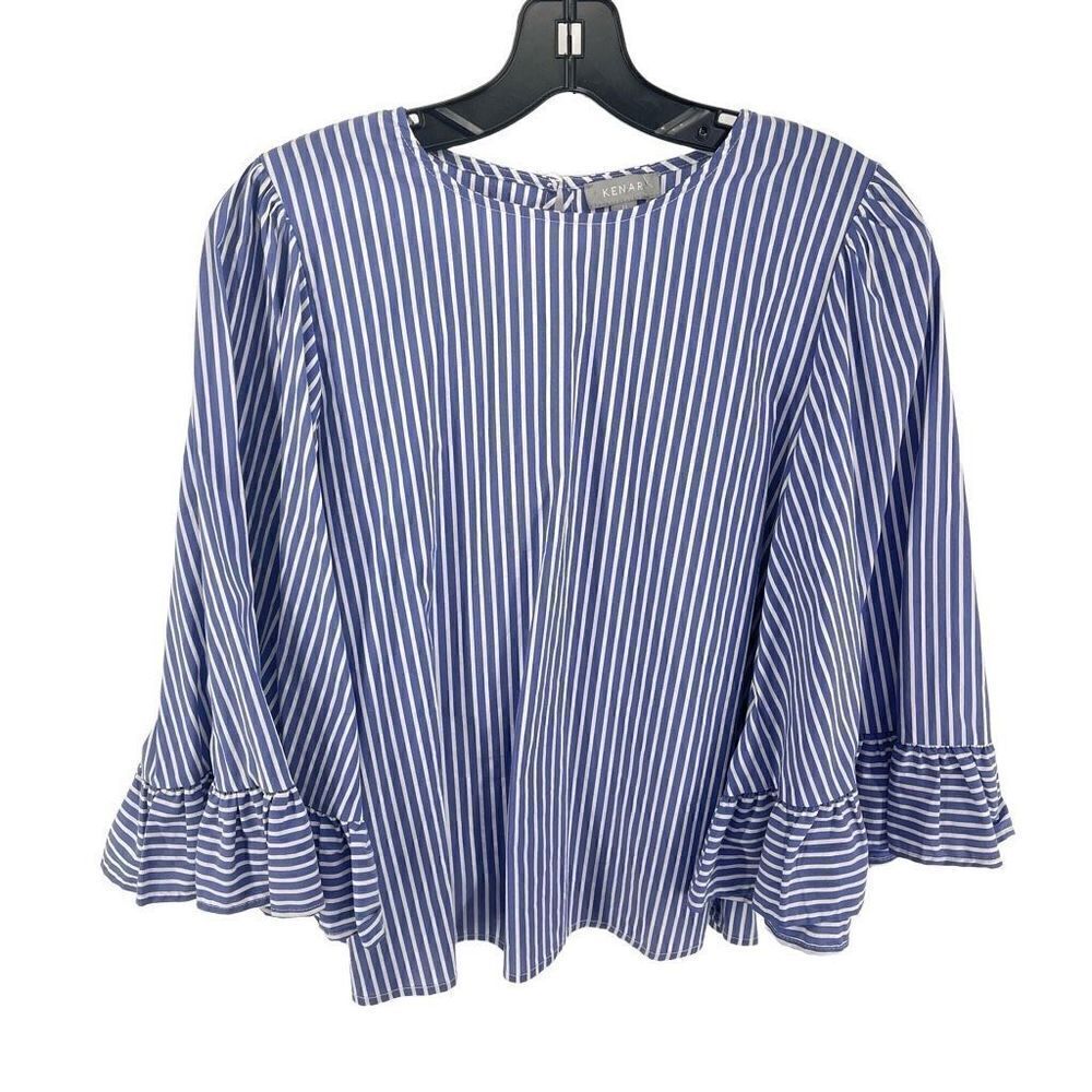 Kenar Women's Bell Sleeve Top Blouse Striped Ruffled Shirt Career Blue Medium